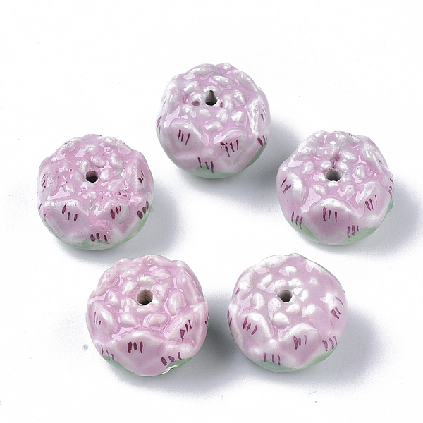 PandaHall Handmade Porcelain Beads, Famille Rose Style, Flower, Pearl Pink, 23~24x10~12mm, Hole: 1.6~2mm Porcelain Flower Pink