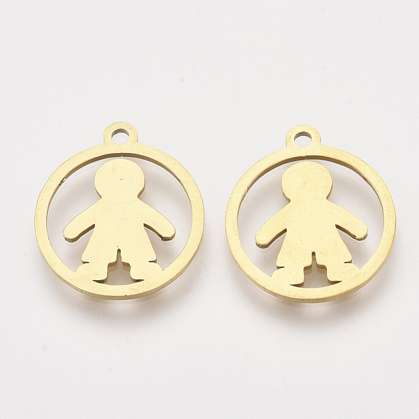 

PandaHall 201 Stainless Steel Pendants, Laser Cut Pendants, Flat Round with Boy, Golden, 17x15x1mm, Hole: 1.4mm 201 Stainless Steel Flat...