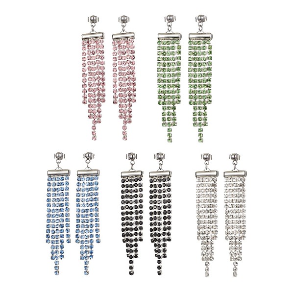 

PandaHall Glass Rhinestone Chains Tassel Earrings, 304 Stainless Steel Dangle Stud Earrings, Mixed Color, 70~72.5x13mm Rhinestone Multicolor