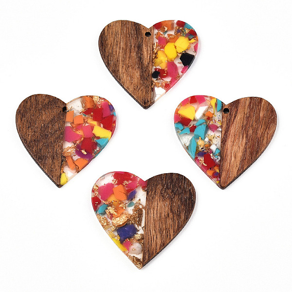 

PandaHall Transparent Resin & Walnut Wood Pendants, with Gold Foil, Heart Charms, Colorful, 37x39x3mm, Hole: 2mm Resin+Wood Heart