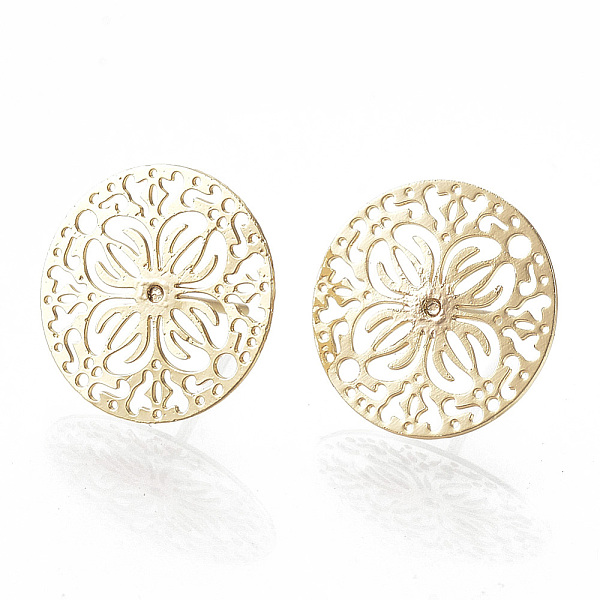 

PandaHall Brass Ear Studs, Flat Round with Flower, Real 18K Gold Plated, 15mm, Pin: 0.6mm. Brass
