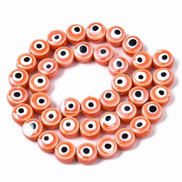 

PandaHall Handmade Porcelain Ceramic Beads Strands, Bright Glazed Porcelain, Flat Round with Evil Eye, Orange Red, 8x5mm, Hole: 1.5mm, about...