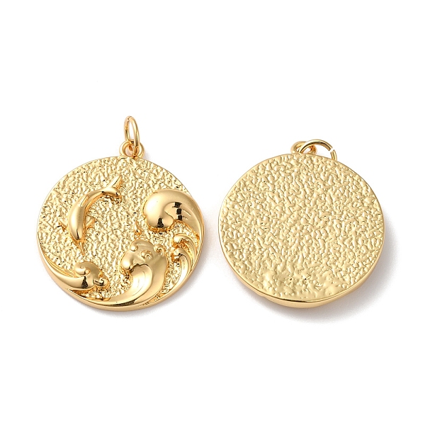 

PandaHall Rack Plating Brass Pendants, with Jump Ring, Lead Free & Cadmium Free, Long-Lasting Plated, Flat Round with Wave & Dolphin Charm..., Gold
