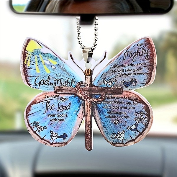 PandaHall Colorful Butterfly Faith Jesus Cross Acrylic Pendant Decoration, for Car Rear View Mirror Hanging Ornament, 294mm, Pendant...