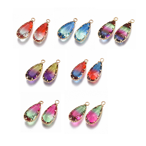 

PandaHall Two Tone Glass Pendants, with Brass Findings, Faceted, Teardrop, Golden, Mixed Color, 24x10.5x6mm, Hole: 1.5mm Brass+Glass..., Multicolor
