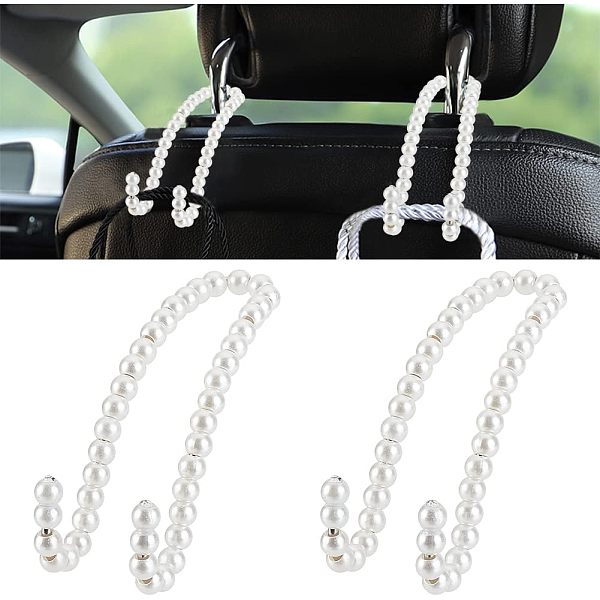 

PandaHall OLYCRAFT 2Pcs White Pearl Car Hook Hanger Universal Car Storage Headrest Hanger Holder Hooks Car Hangers Organizer with Pearl..., Silver