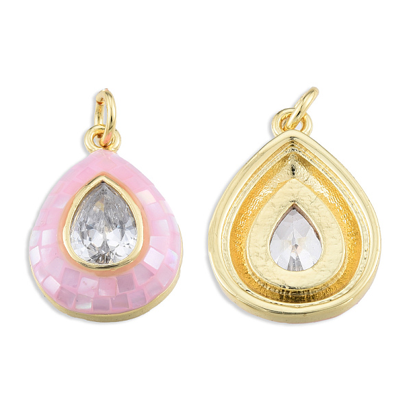 

PandaHall Brass Pave Clear Cubic Zirconia Pendants, with Jump Rings and Shell, Enamel, Real 18K Gold Plated, Nickel Free, Teardrop, Pink...