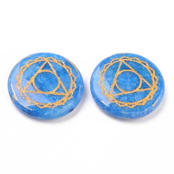 

PandaHall Natural White Jade Beads, No Hole, Flat Round with Chakra, Dyed, Vishuddha, 25~26x5.5mm White Jade Vishuddha