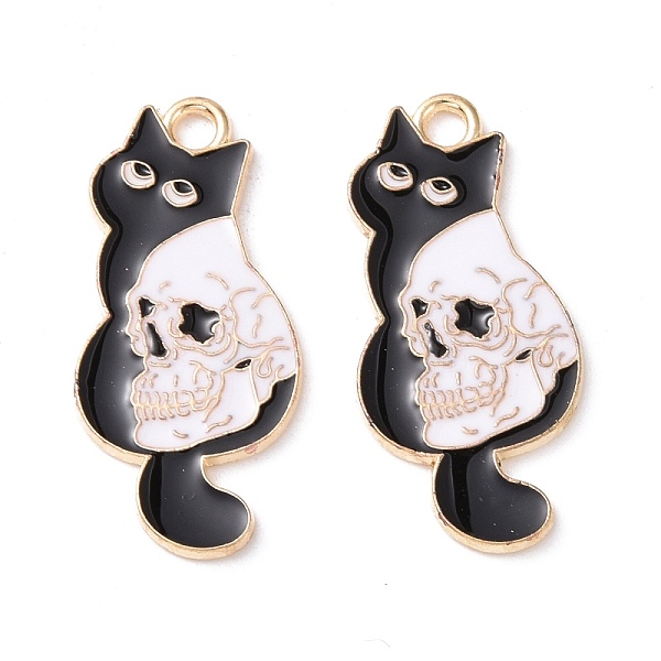 

PandaHall Halloween Alloy Enamel Pendants, Light Gold, Cat with Skull, Black, 27.5x13x1mm, Hole: 2mm Alloy+Enamel Cat Shape Black