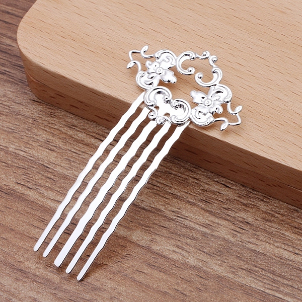 

PandaHall Brass Hair Comb Findings, Flower, Silver, 65x36x2mm Brass
