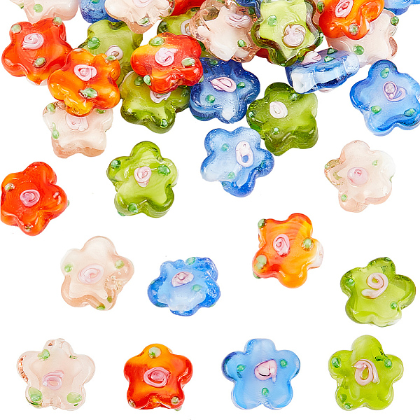 PandaHall DICOSMETIC 32Pcs 4 Colors Flower Glass Beads Lampwork Loose Beads Yellow Green/Blossom Beads/Orange Red/Royal Blue/Sandy Brown...