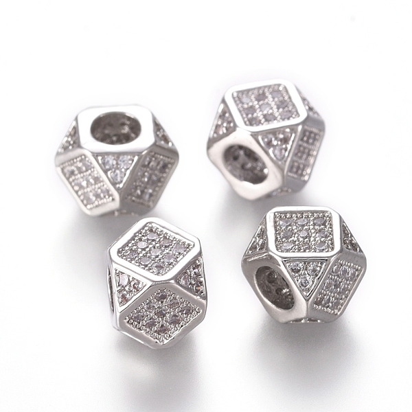 

PandaHall Brass Micro Pave Cubic Zirconia Beads, Polygon, Clear, Real Platinum Plated, 6.5~7x6.5~7x6.5~7mm, Hole: 3mm, Diagonal Length: 9mm...