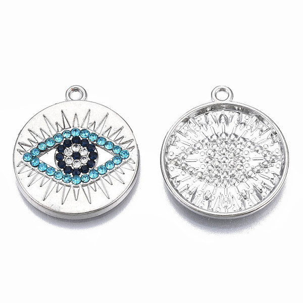 

PandaHall Rack Plating Alloy Pendants, with Aquamarine Rhinestone, Cadmium Free & Nickel Free & Lead Free, Flat Round with Evil Eye..., Cyan