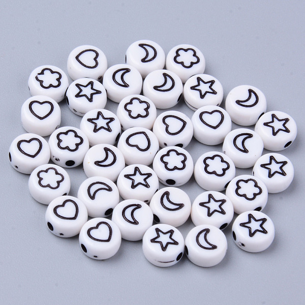 

PandaHall Opaque White Acrylic Beads, Flat Round with Black Star & Heart & Moon & Flower, 7x3.5mm, Hole: 1.5mm, about 3600~3700pcs/500g...