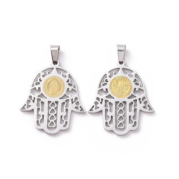 

PandaHall 304 Stainless Steel Hamsa Hand/Hand of Miriam with Virgin Mary Pendants, Stainless Steel Color, Mixed Patterns, 32x28x2mm, Hole...
