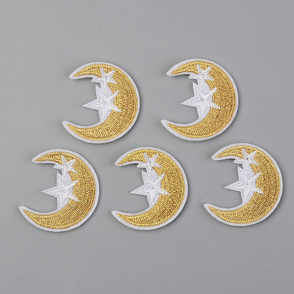 PandaHall Computerized Embroidery Cloth Iron on/Sew on Patches, Appliques, Costume Accessories, Moon with Star, Gold, 38x34x1.5mm Cloth Moon...