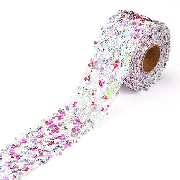 PandaHall Polyester Elastic Sequin Ribbons, with Bling Paillette, Violet, 2-3/8 inch(60mm), 10 yards(9.14m)/roll Polyester Purple