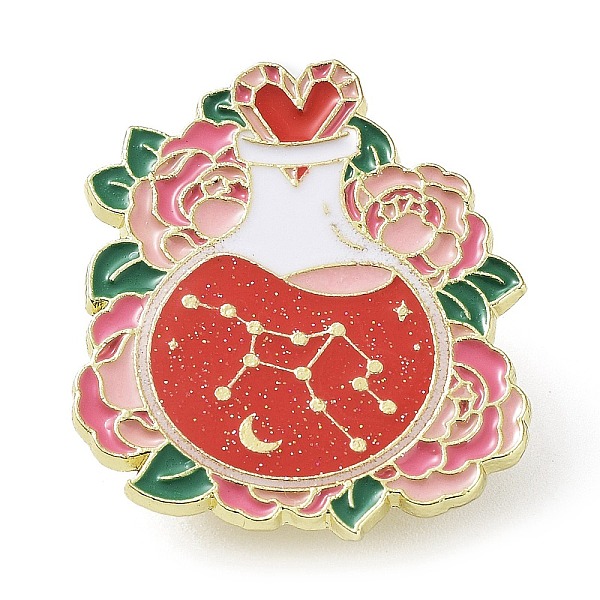 PandaHall Flower Holy Vase Virgo Enamel Pins, Golden Zinc Alloy Brooch for Backpack Clothes, Constellation Theme Badge for Women, Red...