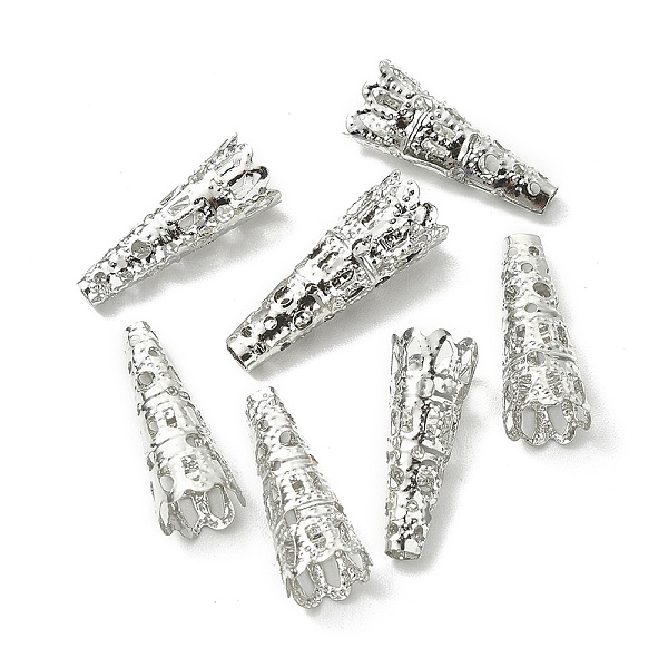 

PandaHall 100Pcs Iron Filigree Bead Cones, Silver, 22x8~9mm, Hole: 2.5~3mm Iron