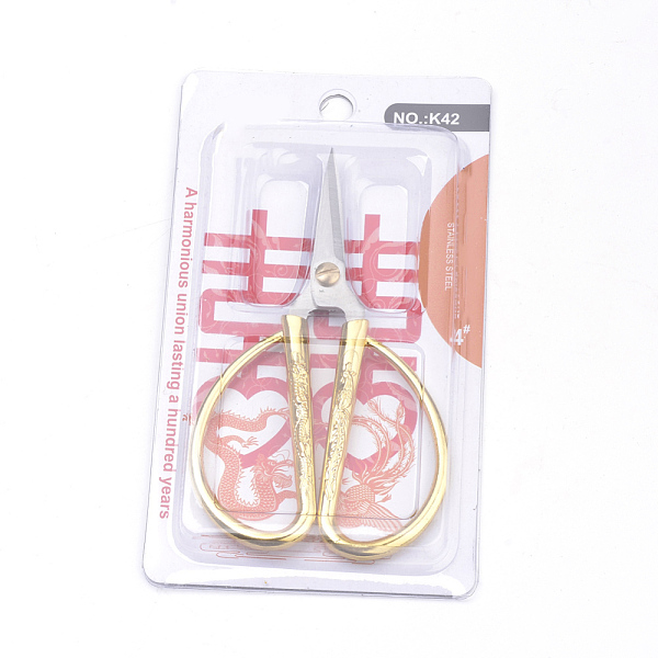 

PandaHall 2cr13 Stainless Steel Scissors, Embossed with Dragon and Phoenix Pattern, Gold, 125x89x10mm, Box: 16x9x1cm Stainless Steel Gold