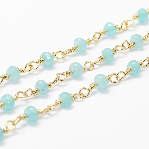 

PandaHall 3.28 Feet Natural White Jade Beaded Chains, Handmade Chains, with Spool, Unwelded, Dyed, Faceted Rondelle, with Brass Findings..., Green