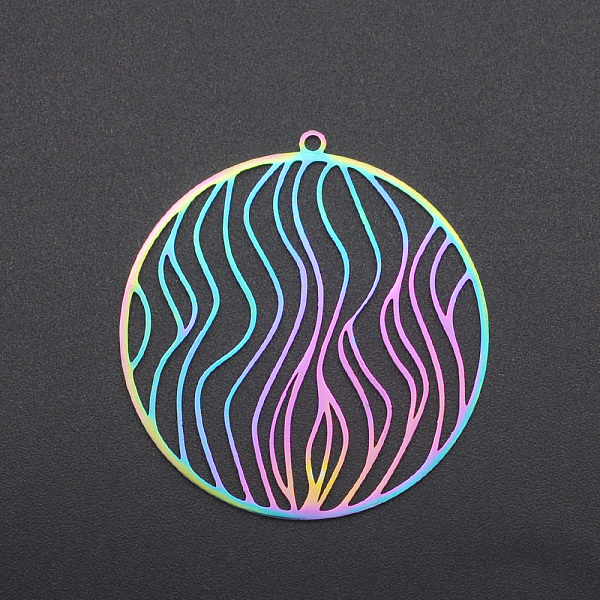 

PandaHall Ion Plating(IP) 201 Stainless Steel Pendants, Flat Round, Laser Cut, Rainbow Color, 39x37x1mm, Hole: 1.6mm 201 Stainless Steel...