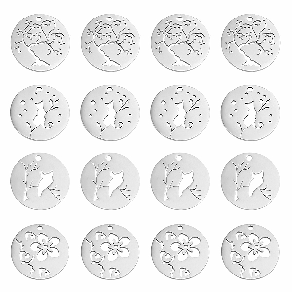 

PandaHall DICOSMETIC 24Pcs 4 Style Stainless Steel Flat Round Pendants 1.5mm Hole Hollow Cat/Flower/Cherry Tree/Owl Dangle Charms Scenery...