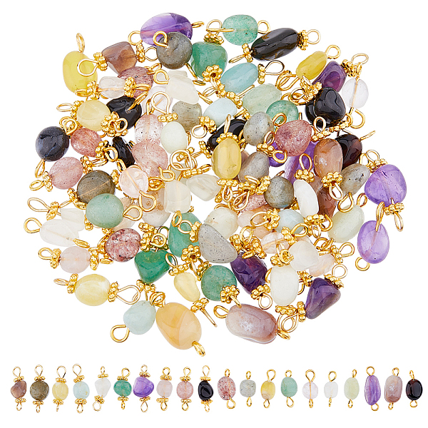 80Pcs 20 Style Natural Mixed Gemstone Connector Charms, Oval Links with Golden Plated Alloy Spacer Beads and 304 Stainless Steel Eye Pins, 14-20x6-7x3-7mm, Hole: 2-3mm, 4pcs/style