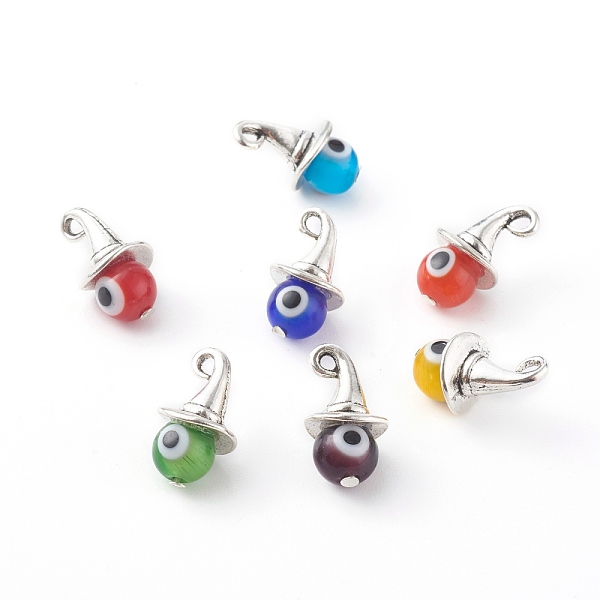 

PandaHall Alloy Pendants, with Handmade Evil Eye Lampwork Round Bead and Tibetan Style Alloy Charms, Witch Hat, Colorful, 19x11x11mm, Hole...