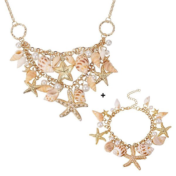 

PandaHall Trendy Shell Charm Bracelets & Bib Necklaces Sets, CCB Plastic Alloy Rhinestone Starfish and Glass Pearl Findings, with Iron...