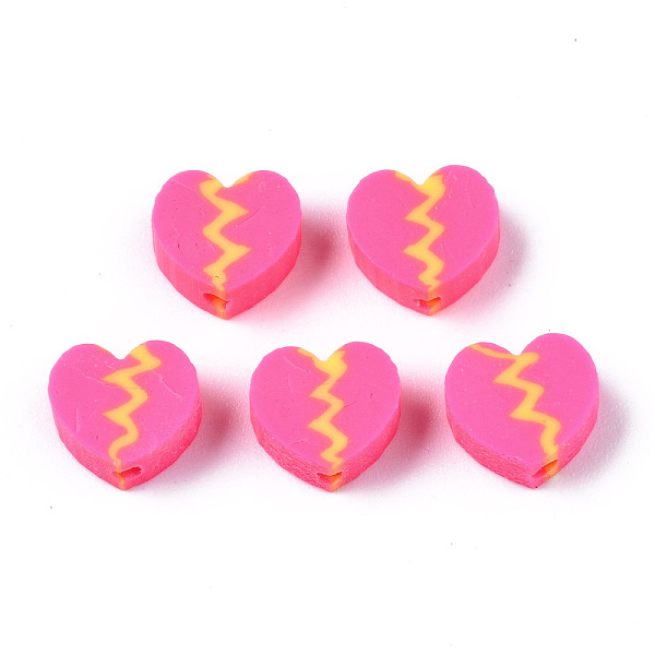 PandaHall Handmade Polymer Clay Beads, for DIY Jewelry Crafts Supplies, Heart, Hot Pink, 8x9~9.5x4~4.5mm, Hole: 1.8mm Polymer Clay Heart
