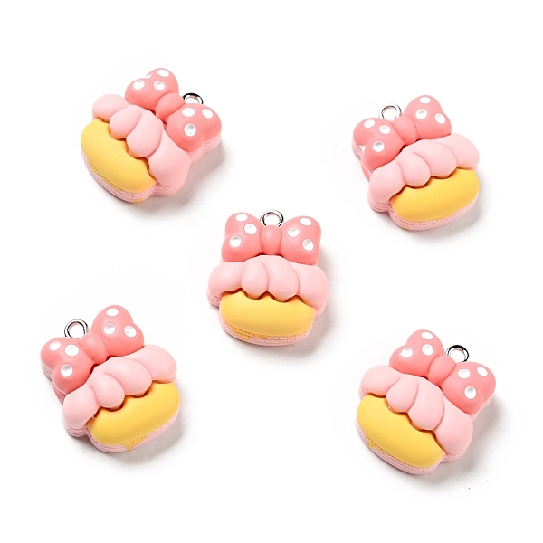 PandaHall Opaque Resin Pendants, Cake with Bowknot Charm, with Platinum Tone Iron Loops, Pink, 24x19.5x10mm, Hole: 2x2.7mm Iron+Resin Food...
