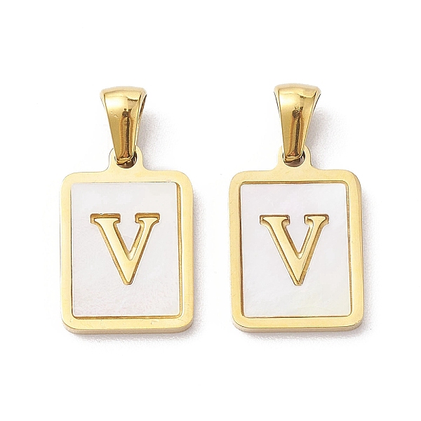 

PandaHall Ion Plating(IP) 304 Stainless Steel Pave Shell Pendants, Rectangle Charm, Real 18K Gold Plated, Letter V, 17.5x12x1.5mm, Hole...