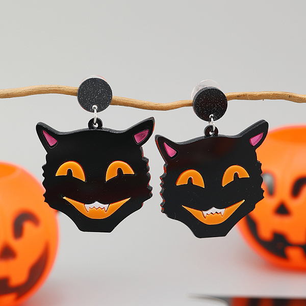 Pendientes De Botón Con Forma De Gato De Halloween