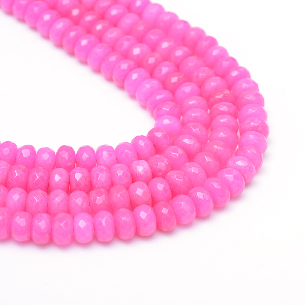 

PandaHall Natural White Jade Bead Strands, Dyed, Faceted, Rondelle, Magenta, 4~5x3mm, Hole: 0.5mm, about 115~120pcs/strand, 13.39~13.98 inch..., Pink