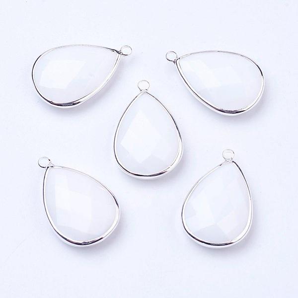 

PandaHall Silver Color Plated Brass Glass Teardrop Pendants, Faceted, Snow, 18x10x5mm, Hole: 2mm Brass+Glass Teardrop White