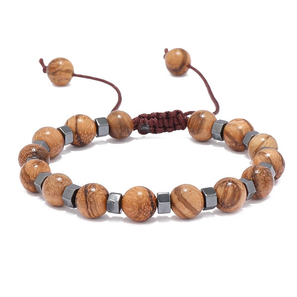 

PandaHall Adjustable Round Wood & synthetic Non-magnetic Hematite Braided Bead Bracelets for Men Wood
