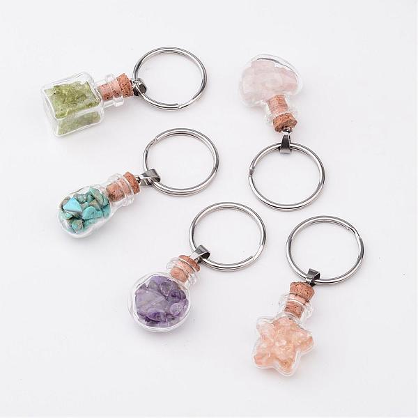 

PandaHall Mixed Shapes Glass Bottle with Gemstone inside Keychain, with Stainless Steel Findings, 59~62mm Mixed Stone Mixed Shapes