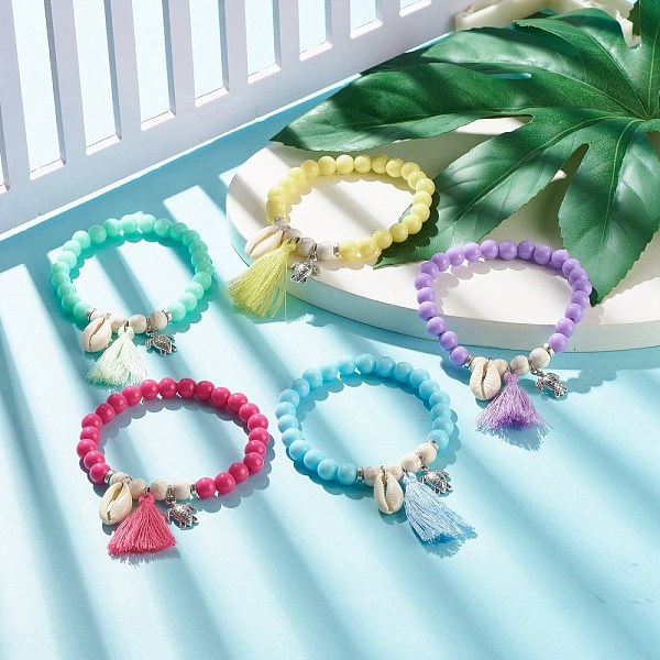 

PandaHall Acrylic Beaded Stretch Bracelets, with Cotton Thread Tassels, Shell Beads, Alloy Charms & Synthetic Magnesite Beads, Mixed Color..., Multicolor