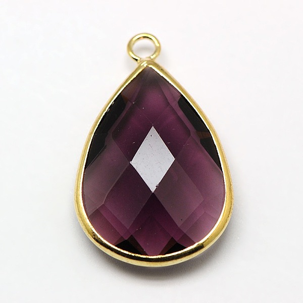 

PandaHall Golden Tone Brass Glass Teardrop Pendants, Faceted, Purple, 18x10x5mm, Hole: 2mm Brass+Glass Teardrop Purple