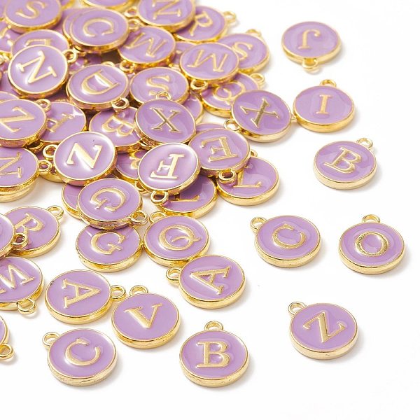 

PandaHall Golden Plated Alloy Enamel Charms, Enamelled Sequins, Flat Round with Random Mixed Letters, Purple, 14x12x2mm,Hole:1.50mm...