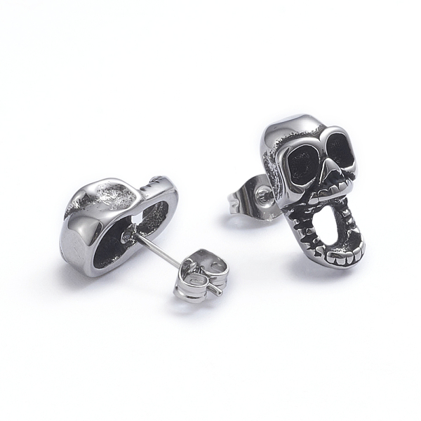 

PandaHall Retro 304 Stainless Steel Stud Earrings, with Ear Nuts, Skull, Antique Silver, 15x8mm, Pin: 0.6mm 304 Stainless Steel Skull