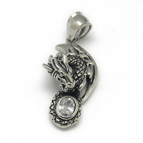 

PandaHall Fashionable Retro 304 Stainless Steel Rhinestone Dragon Pendants, Antique Silver, Crystal, 36x17x10mm, Hole: 5x7mm 304 Stainless..., Clear