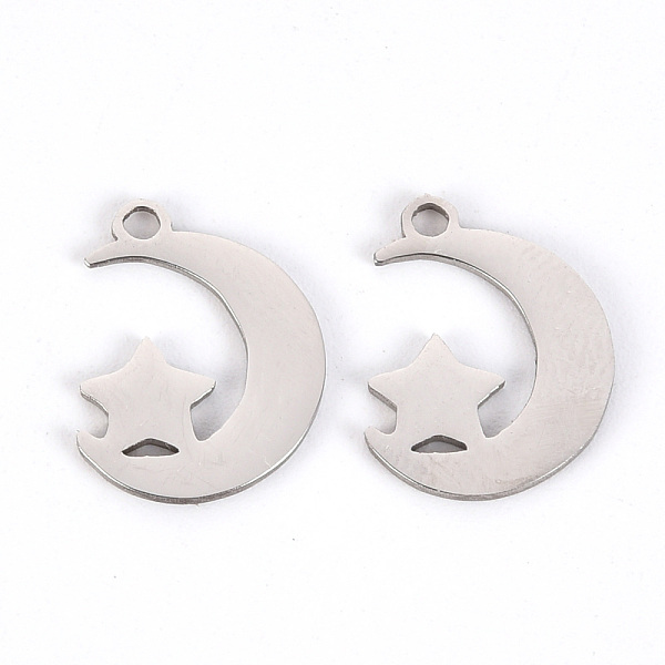 

PandaHall 201 Stainless Steel Charms, Laser Cut, Moon and Star, Stainless Steel Color, 15x11x1mm, Hole: 1.6mm 201 Stainless Steel Moon