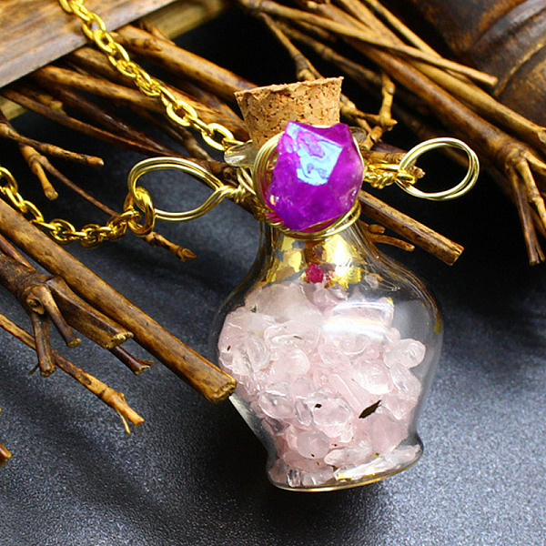 PandaHall Natural Rose Quartz Chips Perfume Bottle Necklace, Glass Pendant Necklace with Alloy Chains for Women, 19.69 inch(50cm) Rose...