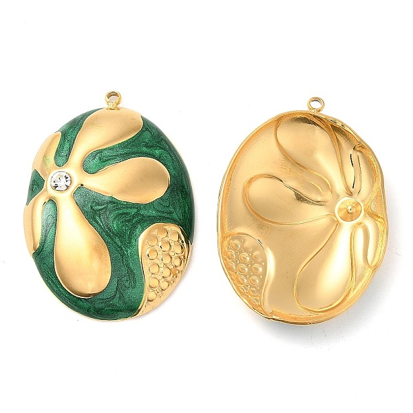 

PandaHall Enamel Pendants, with 304 Stainless Steel Rhinestone Finding, Real 18K Gold Plated, Oval with Flower Charm, Green, 34x23.5x5.3mm...