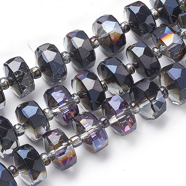 

PandaHall Electroplat Glass Beads Strands, Rainbow Plated, Faceted, Rondelle, Black, 10x6.5mm, Hole: 1.2mm, about 60pcs/strand, 18.9 inch...