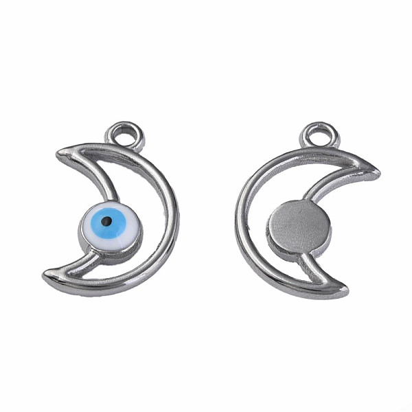 

PandaHall 304 Stainless Steel Enamel Pendants, Moon with Evil Eye, Stainless Steel Color, White, 18x12x3mm, Hole: 1.6mm Stainless...