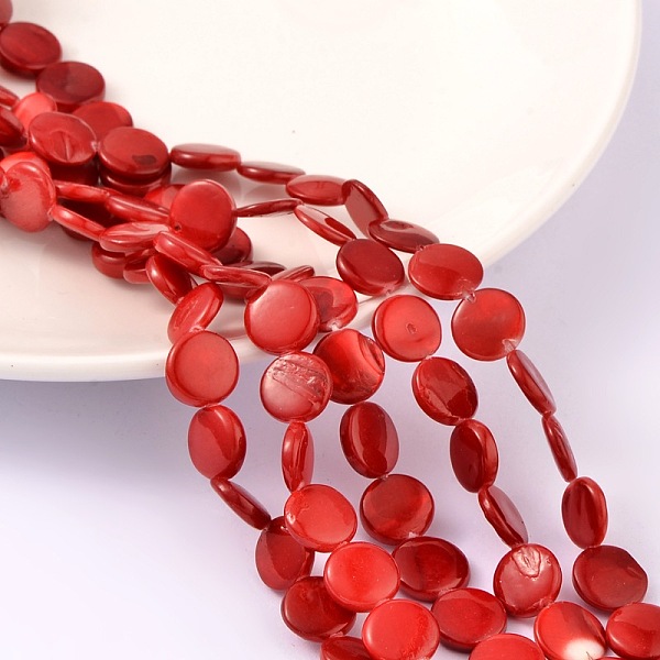 

PandaHall Natural Shell Beads Strands, Spray Painted, Flat Round, Red, about 12.5mm in diameter, 3mm thick, hole: 1mm, about 32pcs/strand...