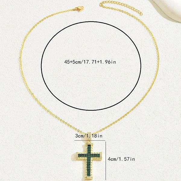 Brass Cubic Zirconia Cross Pendant Cable Chain Necklaces